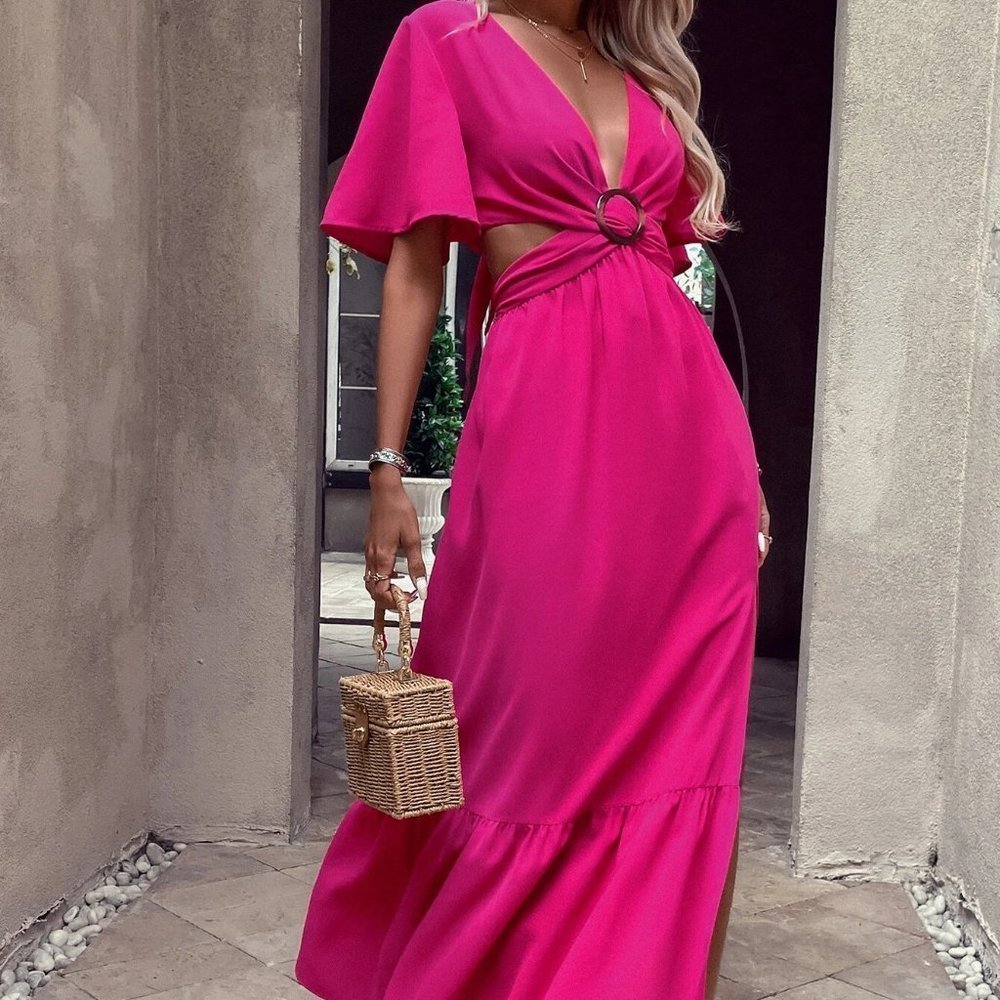 Pink Boho Womens Plunging Neck Tie Backless Ruffle Hem Split High Dress - Picture 5 of 5